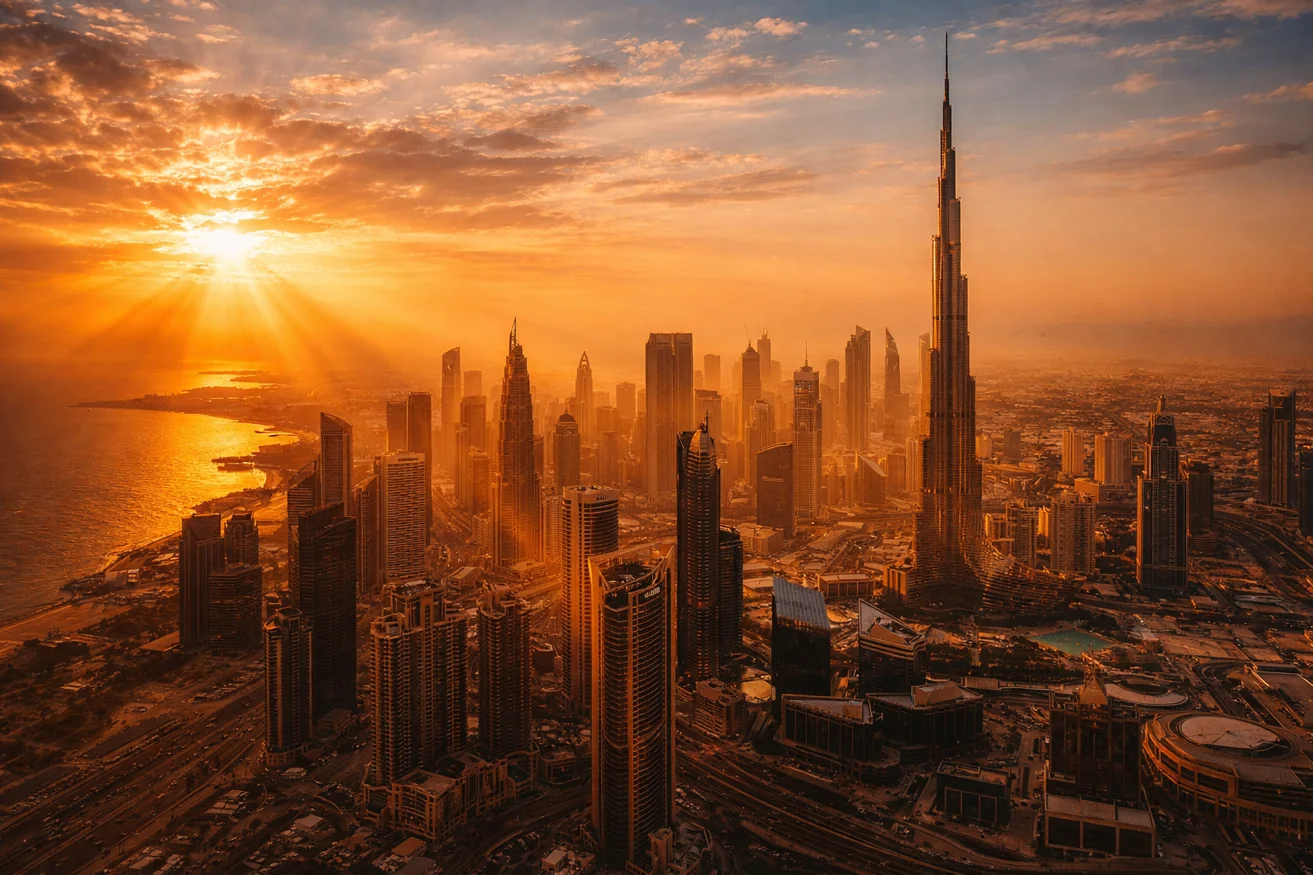 Dubai skyline at golden hour with Burj Khalifa
