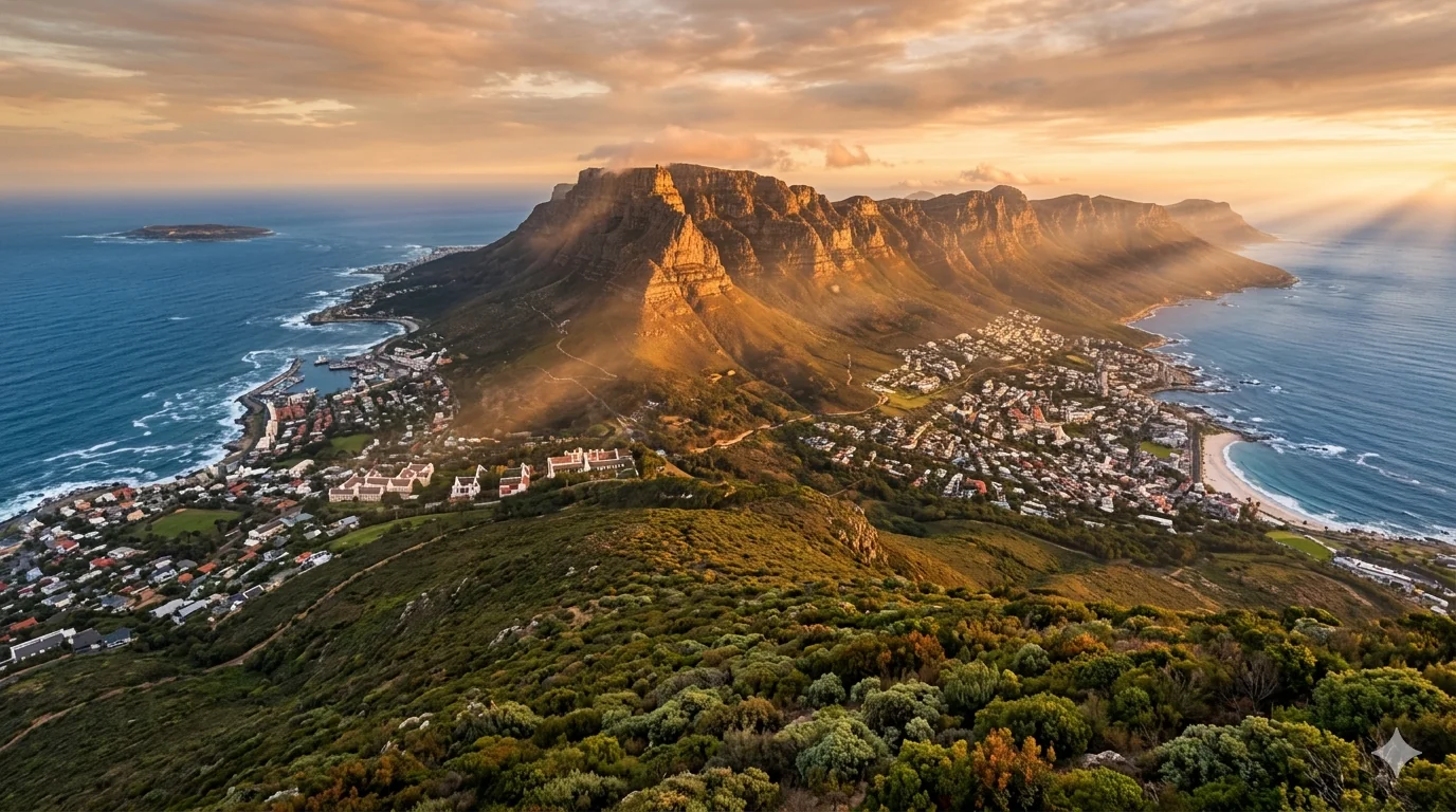 Aerial view of Cape Town and Table Mountain at golden hour