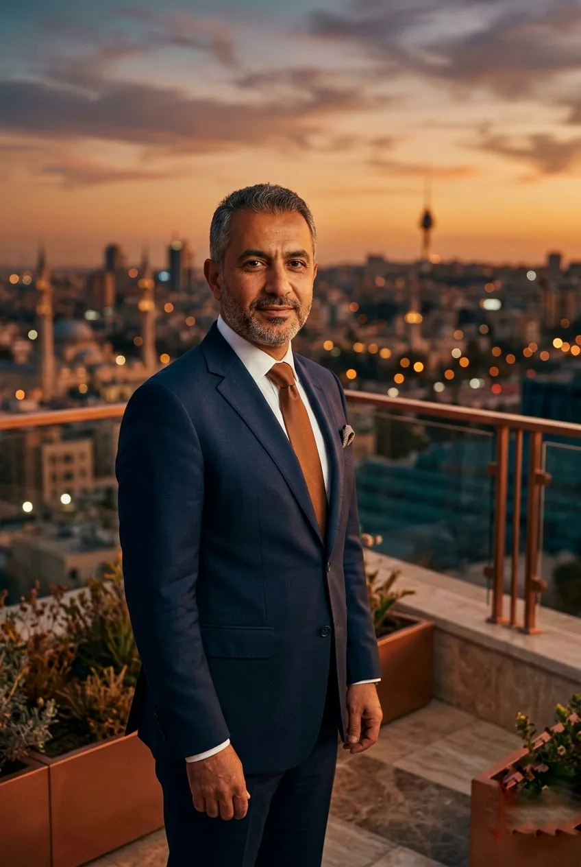 Hotel GM on rooftop at sunset