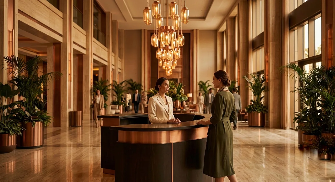 Luxury hotel lobby at golden hour