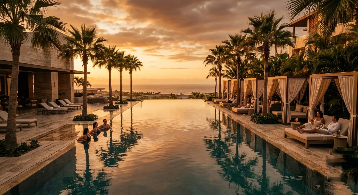 Luxury resort pool at golden hour