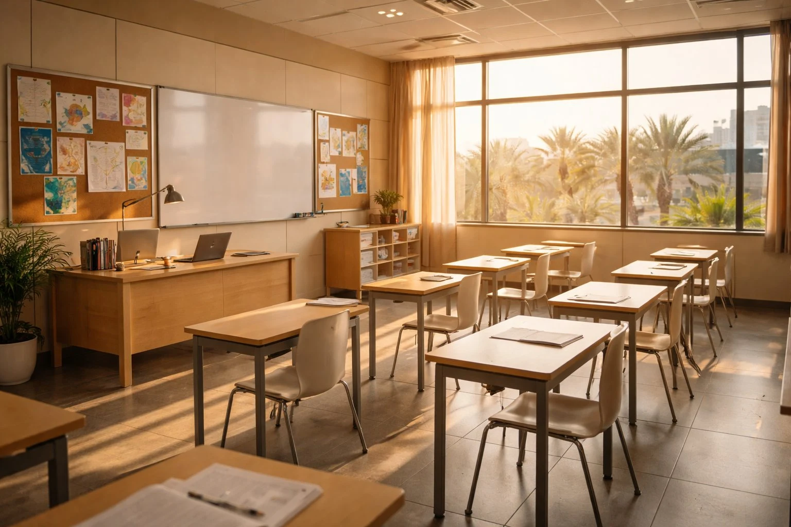 Warm classroom interior with desks and palm trees visible outside the windows