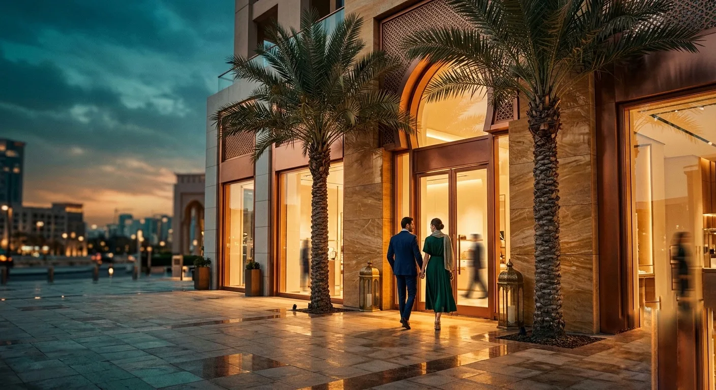 Luxury retail storefront at dusk