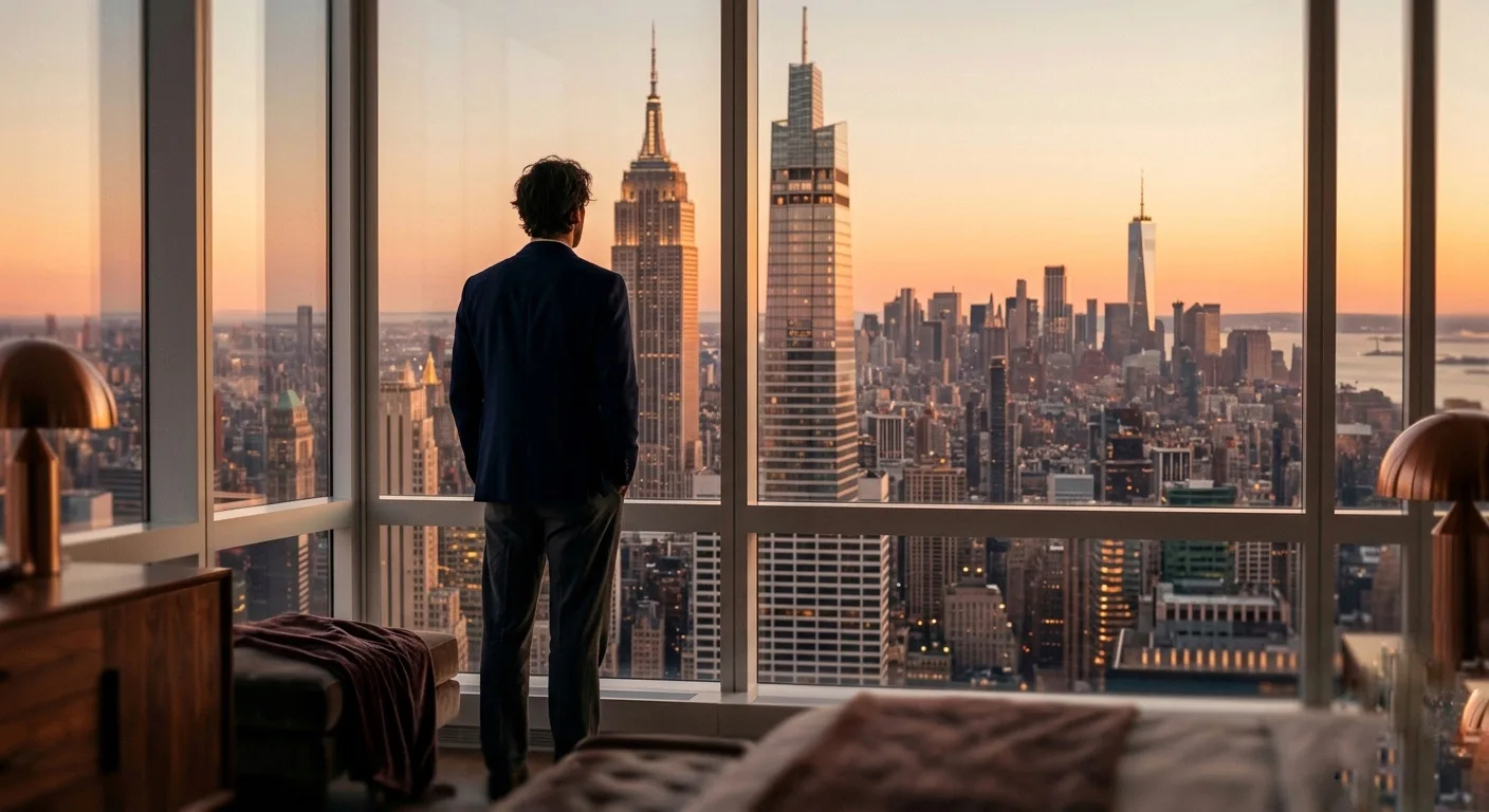 Silhouette of a man at a window overlooking the New York City skyline at golden hour